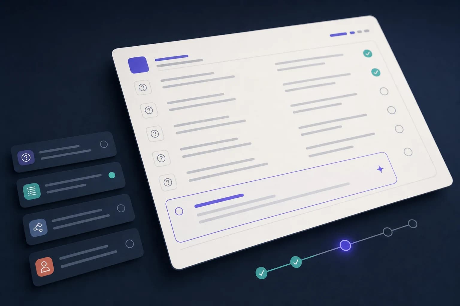 A dark product interface with a focused requirement card and progress stepper