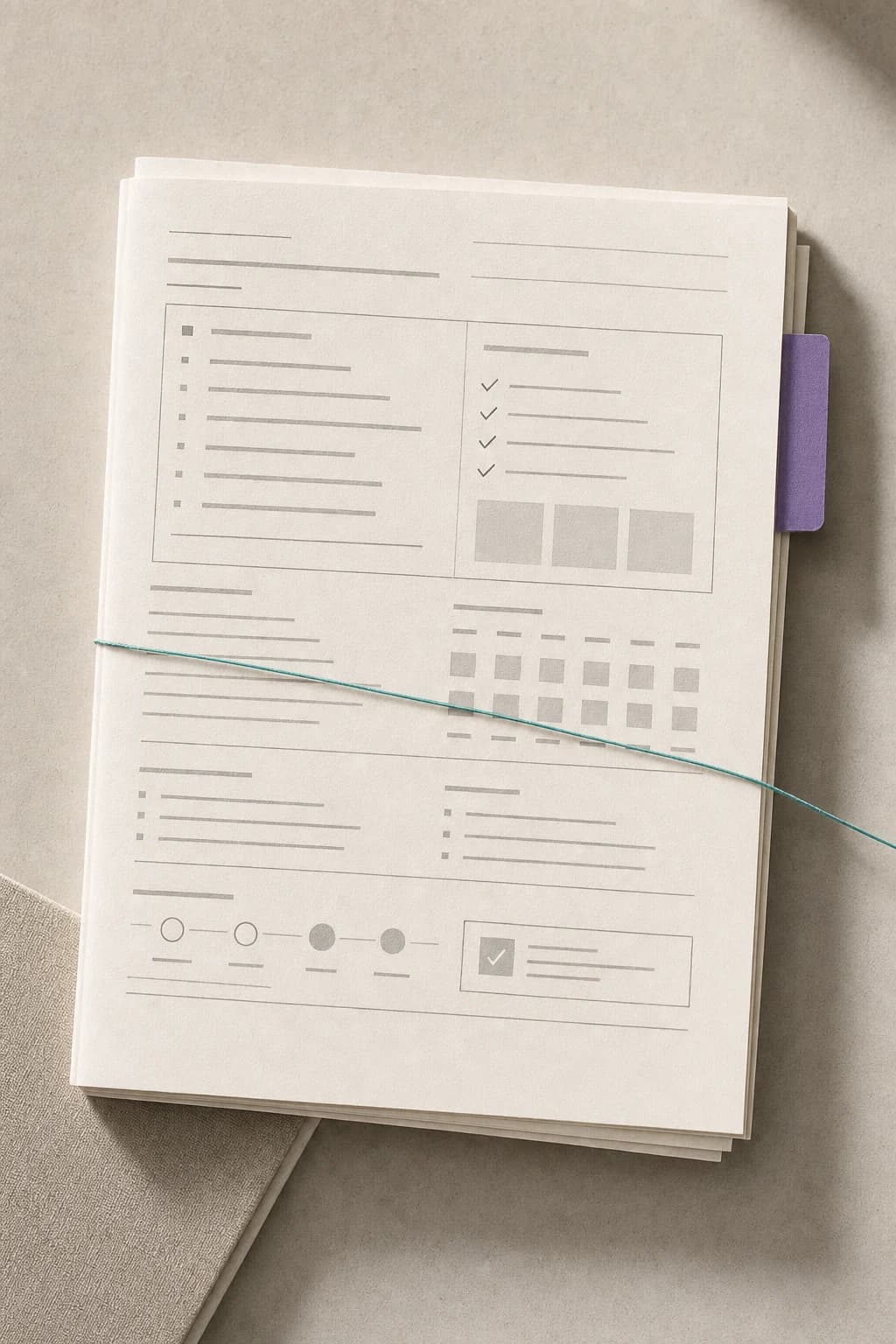 Paper sheets with structured lines and a violet index tab