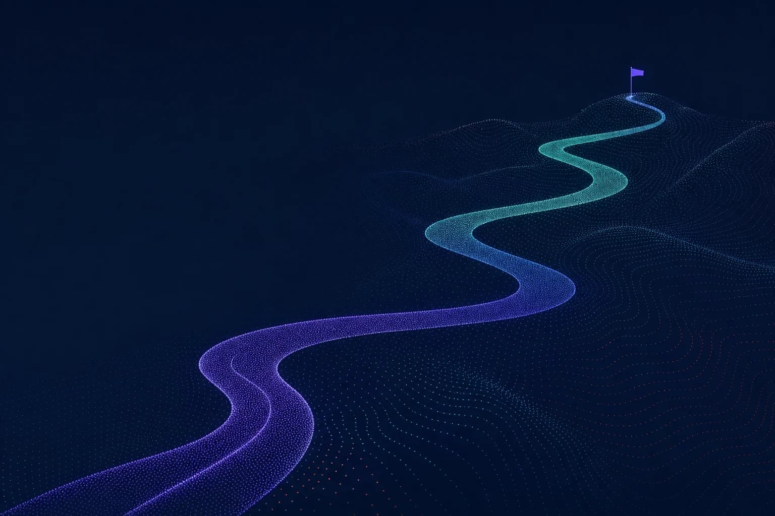 A luminous route moving across a midnight topographic landscape